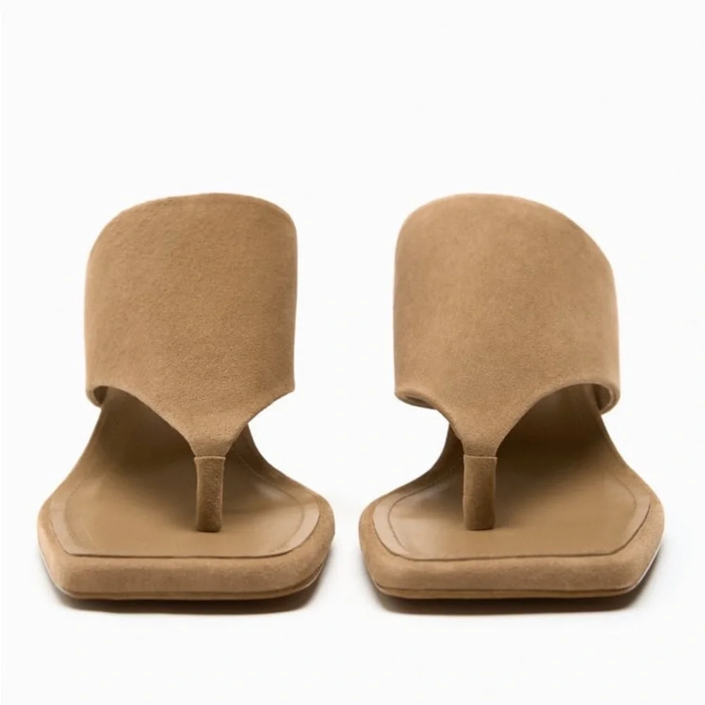 Zara Sandy Brown Toe Post Heeled Suede Leather Sandals - Picture 5 of 12